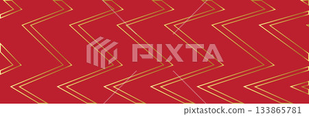 Abstract red and gold Christmas wide banner background with golden lines and shapes geometric style. Empty merry christmas horizontal banner, poster and backdrop design template. 133865781
