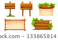 Wooden signpost set, empty board textured wood plank, parchment paper. Wood plank frames game signpost, farm garden or jungle pointing panel. Set menu ui design. Outdoor empty textured arrow 133865814