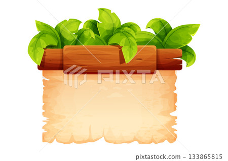 Wood plank. with parchment paper old empty frame, sign, game interface ui menu or map. Signboard, boarder panel. Ancient scroll wooden board Wood plank. with parchment paper old empty frame, sign, game interface ui menu or map. Signboard, boarder panel. Ancient scroll wooden board 133865815