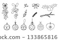 Christmas ball, isolated baubles with ornaments doodle set. Festive bows, mistletoe crayon or chalk drawing, sketch. 133865816