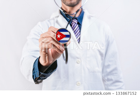 Cuba healthcare system, doctor holding stethoscope. Cuba health and medical insurance concept 133867152