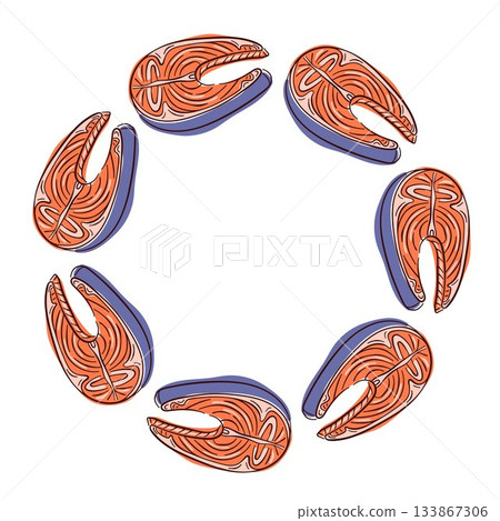 Salmon steak wreath in flat style for restaurant card. Slice of fish isolated on a white background. Salmon steak wreath in flat style for restaurant card. Slice of fish isolated on a white background. 133867306