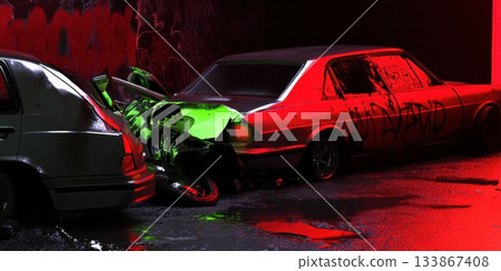 Dramatic car crash scene with damaged vehicles under red and green stage lighting effects 133867408