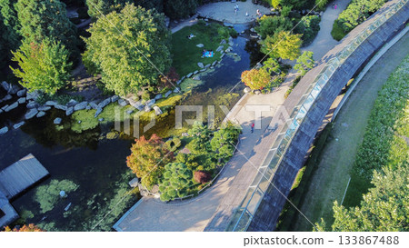 PArt of Japanese garden , blurred motion people and pedestrian passage in Hamburg 133867488