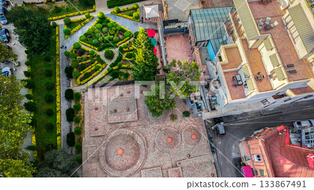 Aerial vIEW ON OLD TOWN  OF TBILISI     IN SUNSET  fROM    AbaNOTUBANI 133867491