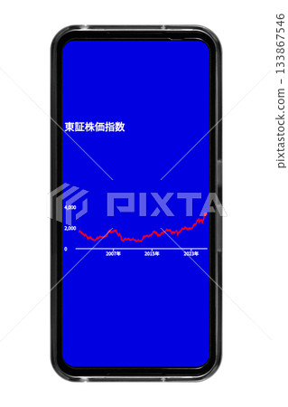 一張藍色背景的智慧型手機螢幕圖片，顯示長期股票價格趨勢：透明背景素材 133867546