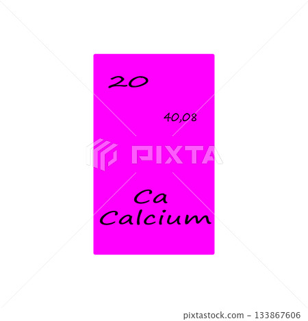 Calcium element illustration. Twenty atomic number. Chemical symbol Ca. Magenta Vector background. 133867606