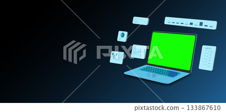 Digital workspace with laptop displaying green screen and data charts for analysis and visualization at a modern office setting 133867610