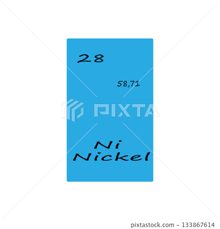 Nickel element block. Atomic number twenty eight. Chemical symbol Vector. Vibrant blue background. Nickel element block. Atomic number twenty eight. Chemical symbol Vector. Vibrant blue background. 133867614