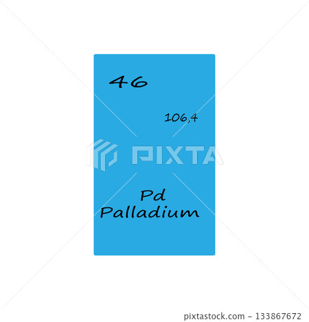 Palladium element block. Atomic number forty six. Chemical symbol Vector. Vibrant blue background. Palladium element block. Atomic number forty six. Chemical symbol Vector. Vibrant blue background. 133867672