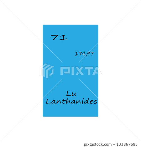 Lutetium periodic element. Number 71 symbol. Bright blue card. Vector science illustration. 133867683