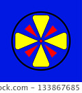 Circular geometric emblem. Yellow red triangles. Blue background Vector. Abstract wheel symbol. 133867685