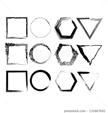 Geometric shapes drawing. Scribbled frames set. Hand drawn forms collection. Vector grungy elements. 133867692