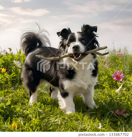 cute black-white Spitz playing with  stick. Ai generated 133867702