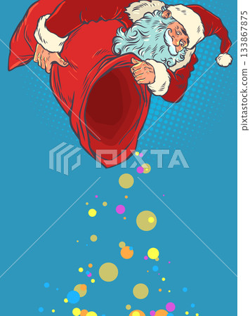 Pop Art Retro Presents fall from Santa's sack. Christmas and New Year's gifts from Santa Claus. Special offers for customers during the holidays. 133867875