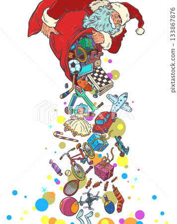 Pop Art Retro Presents fall from Santa's sack. Christmas and New Year's gifts from Santa Claus. Special offers for customers during the holidays. 133867876