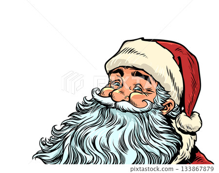 Pop Art Retro Santa Claus is smiling. Santa Claus is excited about the coming New Year. Special offers for customers during the holidays. Pop Art Retro Santa Claus is smiling. Santa Claus is excited about the coming New Year. Special offers for customers during the holidays. 133867879