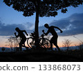 A dynamic silhouette of a cyclist and his bike against the backlight 133868073