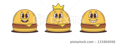 Cheerful Cartoon Hamburger Character Mascot Vector Illustration Set With Various Expressions Cheerful Cartoon Hamburger Character Mascot Vector Illustration Set With Various Expressions 133868098