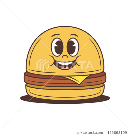 Cheerful Cartoon Burger Character Vector Illustration With Big Eyes And Melted Cheese 133868109