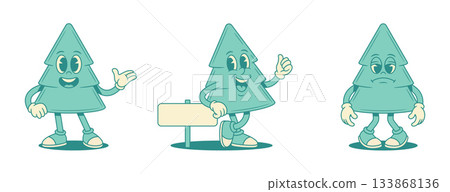 Comic cheerful green fir tree cartoon character set contoured vector flat illustration 133868136