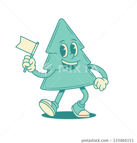 Cheerful funny green fir tree Christmas cartoon character with flag contoured vector flat Cheerful funny green fir tree Christmas cartoon character with flag contoured vector flat 133868151