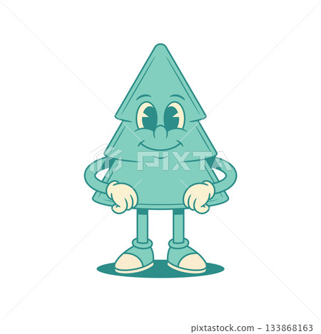 Smiling green fir tree Christmas cartoon character standing contoured vector flat 133868163