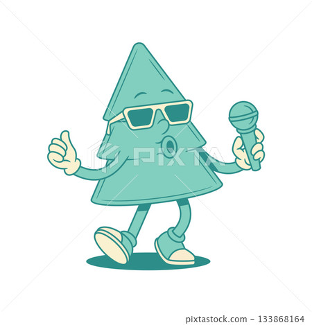 Funny green fir tree Christmas cartoon character singing song contoured vector flat 133868164