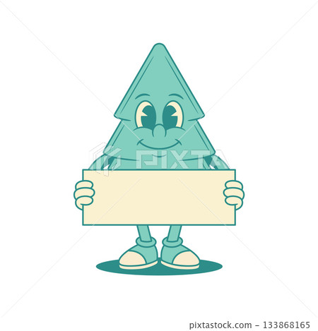 Smiling green fir tree Christmas cartoon character with placard contoured vector flat 133868165