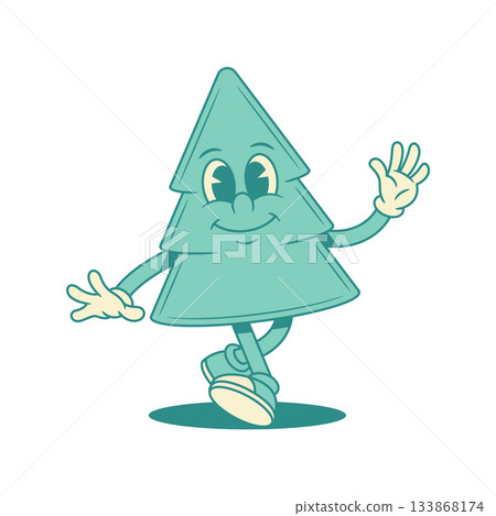 Comic green fir tree Christmas cartoon character dancing contoured vector flat illustration Comic green fir tree Christmas cartoon character dancing contoured vector flat illustration 133868174