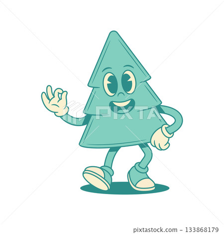 Funky cute green fir tree Christmas cartoon character okay ok gesture contoured vector flat Funky cute green fir tree Christmas cartoon character okay ok gesture contoured vector flat 133868179