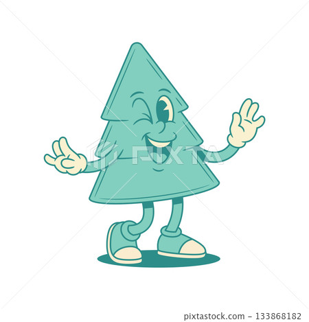 Comic green fir tree Christmas cartoon character dancing contoured vector flat illustration Comic green fir tree Christmas cartoon character dancing contoured vector flat illustration 133868182
