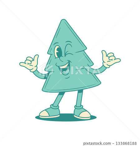 Cool funky green fir tree Christmas cartoon character surf gesture contoured vector flat 133868188