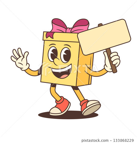 Friendly Cartoon Gift Box Character Waving And Holding Blank Sign Vector Illustration 133868229