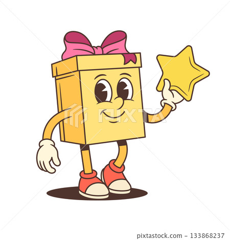 Cheerful Cartoon Gift Box Character Winking And Holding Golden Star Vector Illustration 133868237