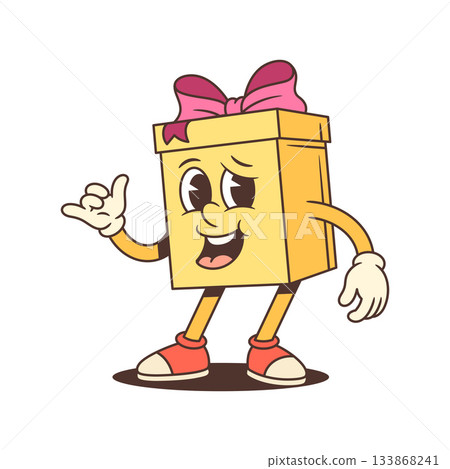 Friendly Cartoon Gift Box Character Making Shaka Hand Gesture With Pink Bow Vector Illustration 133868241