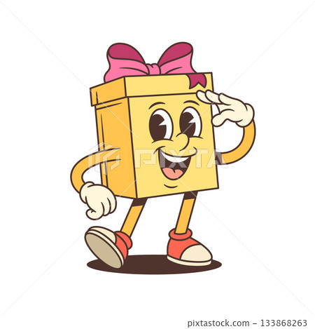 Cheerful Cartoon Gift Box Character Saluting With Pink Bow Vector Illustration 133868263
