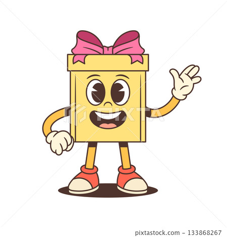 Friendly Cartoon Gift Box Character Waving Hello With Pink Bow Vector Illustration 133868267