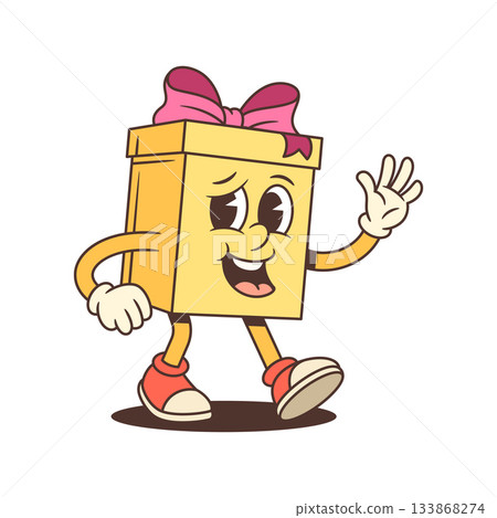 Happy Animated Gift Box Cartoon Character Waving Hello Vector Illustration Happy Animated Gift Box Cartoon Character Waving Hello Vector Illustration 133868274