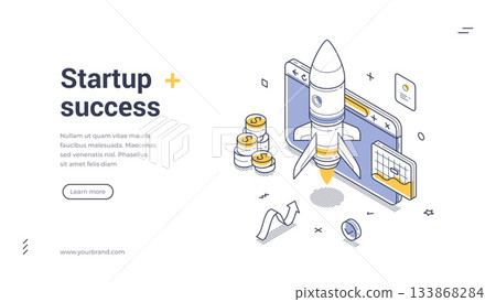 Startup Success And Business Growth Technology Isometric Web Banner Vector Template 133868284