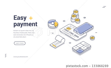 Easy Payment Online Fintech Mobile Wallet and Digital Transaction Isometric Web Banner Vector Template 133868289