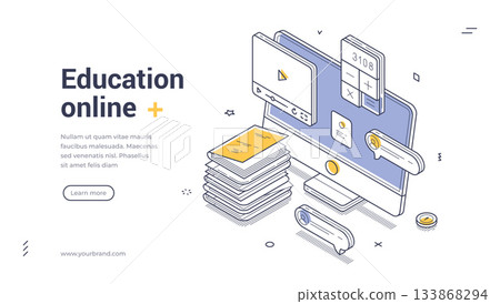 Online Education And E-Learning Digital Classroom With Laptop And Books Isometric Web Banner Vector Template Online Education And E-Learning Digital Classroom With Laptop And Books Isometric Web Banner Vector Template 133868294
