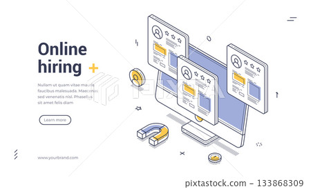 Online Hiring Recruitment And HR Talent Acquisition Process Isometric Web Banner Vector Template 133868309