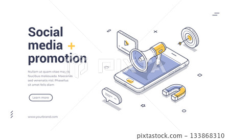 Social Media Promotion Digital Marketing Strategy with Smartphone and Megaphone Isometric Banner Vector Template 133868310