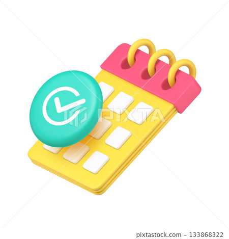 3D Realistic Icon Yellow Calendar And Blue Approval Checkmark For Schedule Confirmation Event 133868322