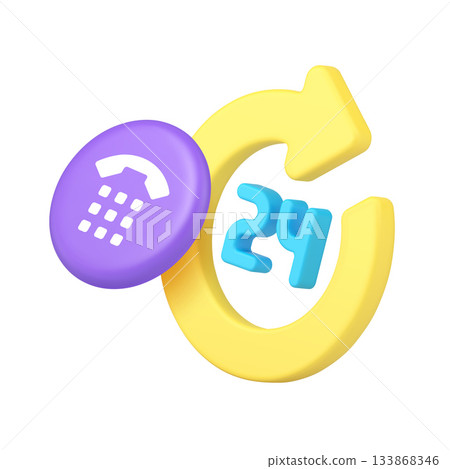 3d Realistic Icon Purple Phone Button With Yellow Arrow And Number 24 133868346