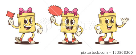 Three Welcoming Gift Box Cartoon Characters Holding Flag And Sign Vector Set 133868360