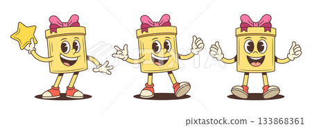 Three Positive Gift Box Cartoon Characters Holding Star And Gesturing Vector Set 133868361