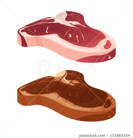 T bone steak raw and grilled meat comparing 133868384