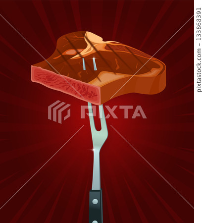 T bone steak lifting by barbecue fork 133868391